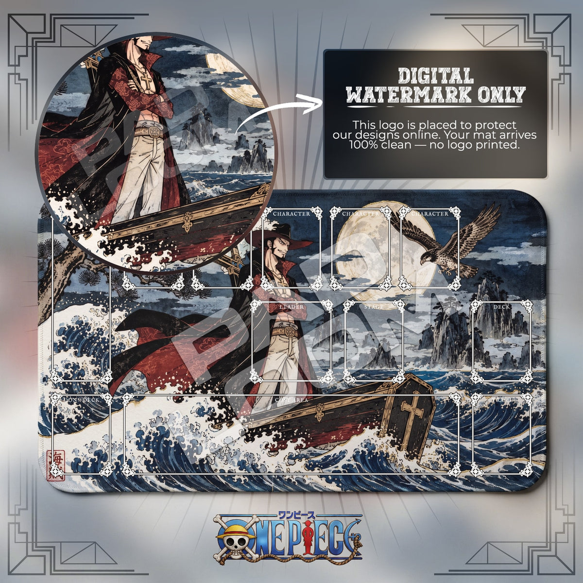 Mihawk Moonlit One Piece playmat with zones; the Padloom watermark is digital only, not printed