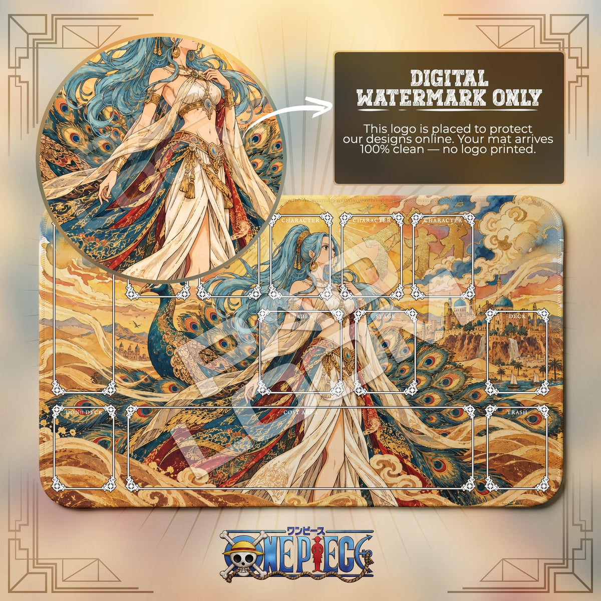 Vivi Gilded Sun One Piece playmat with zones; the Padloom watermark is digital only, not printed