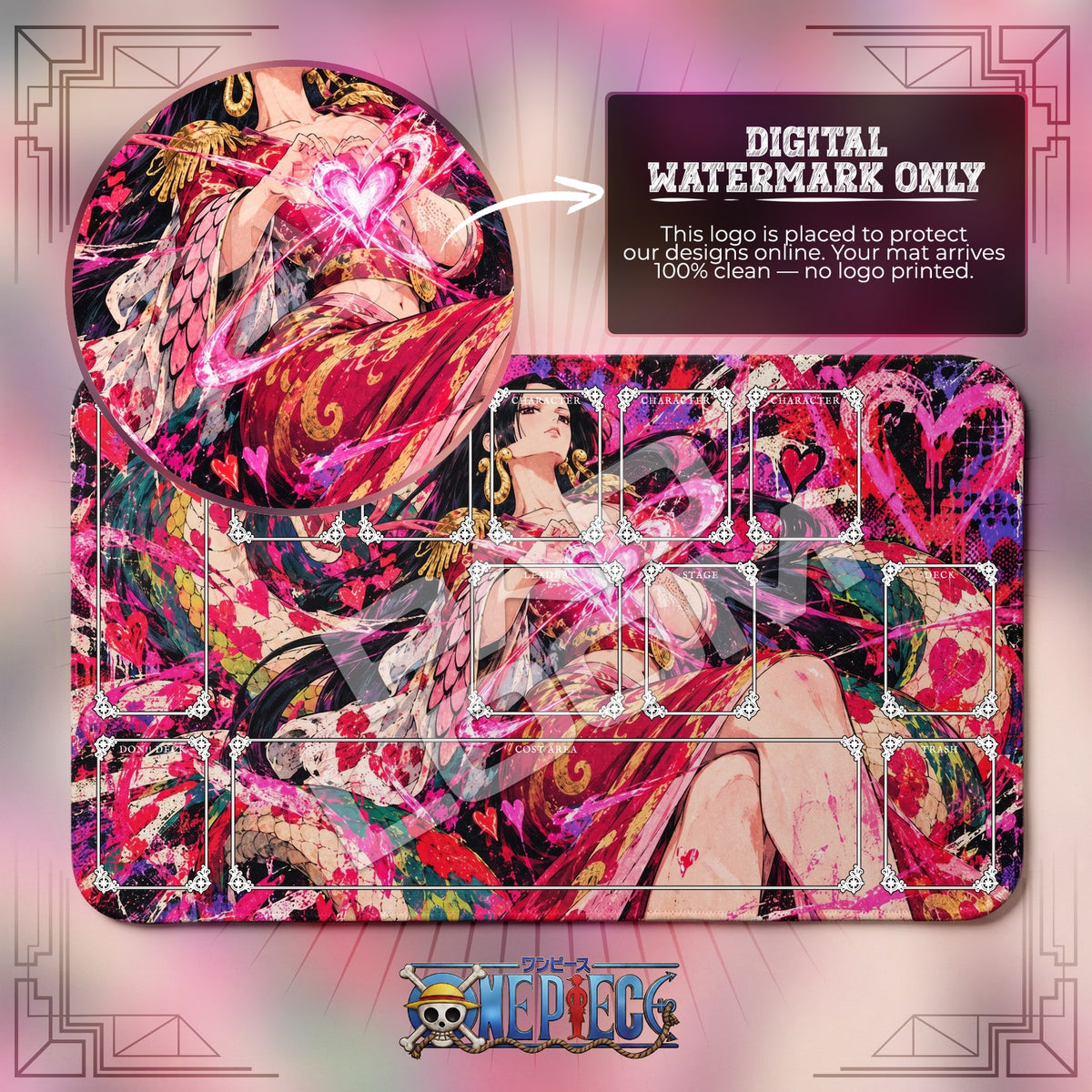Boa Hancock Mero Mero One Piece playmat with zones; the Padloom watermark is digital only, not printed