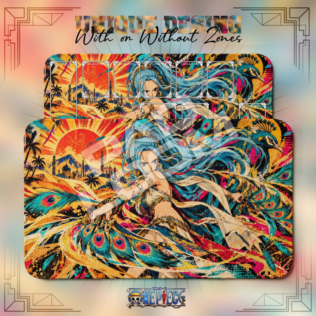 Vivi Peacock Slasher One Piece playmat shown with zones and without zones