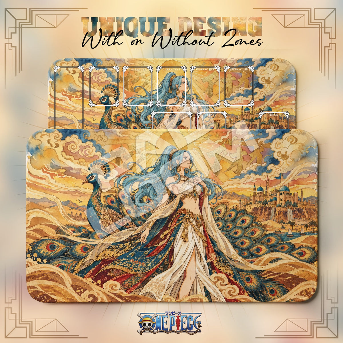 Vivi Gilded Sun One Piece playmat shown with zones and without zones
