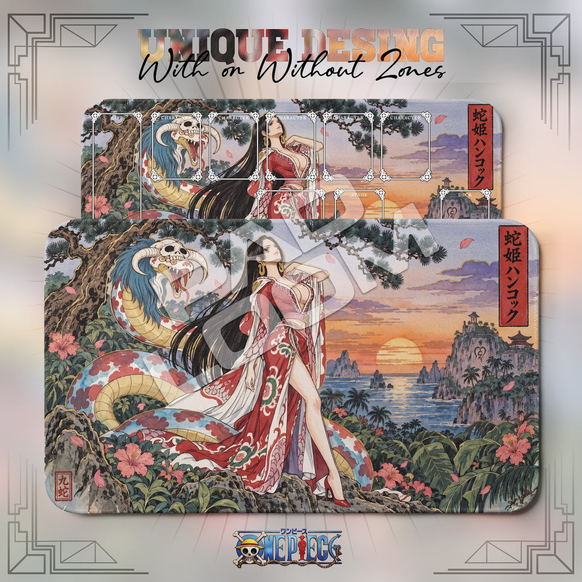 Boa Hancock Amazon Lily One Piece playmat shown with zones and without zones