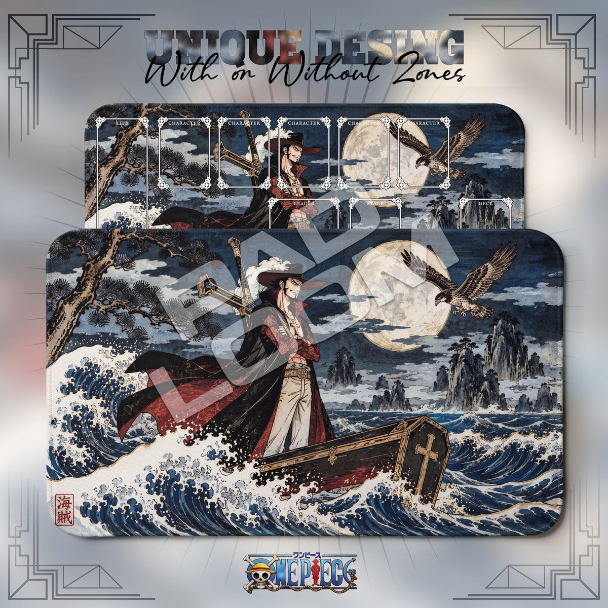 Mihawk Moonlit One Piece playmat shown with zones and without zones