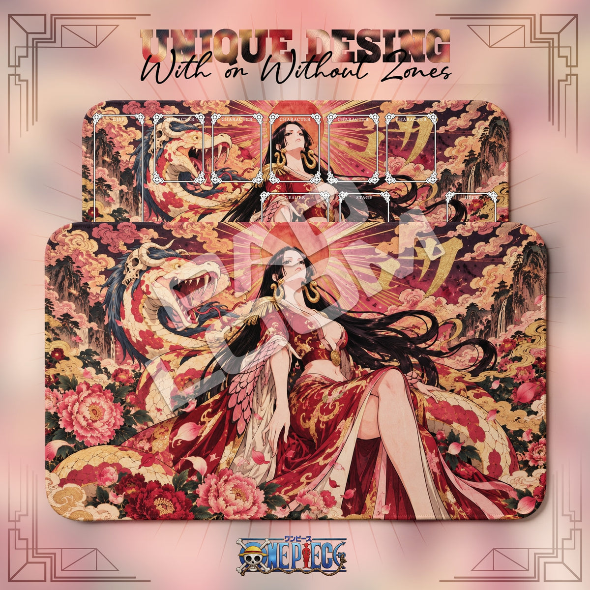 Boa Hancock Peony One Piece playmat shown with zones and without zones