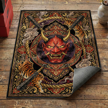Japanese Oni demon mask area rug with red face gold horns crossed kanabo and tiger stripes