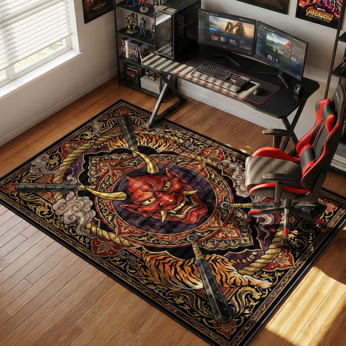 Oni mask rug placed in a dark gaming room with Japanese woodblock prints and dim lighting
