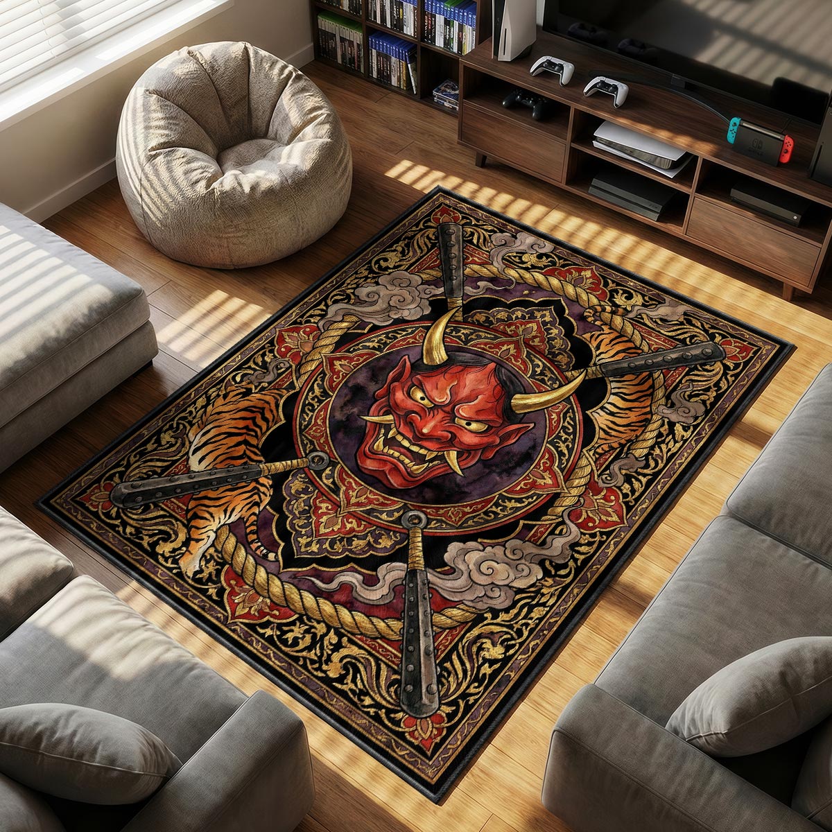 Detail of Oni rug showing gold horn texture and iron kanabo club rivets on velvet fiber
