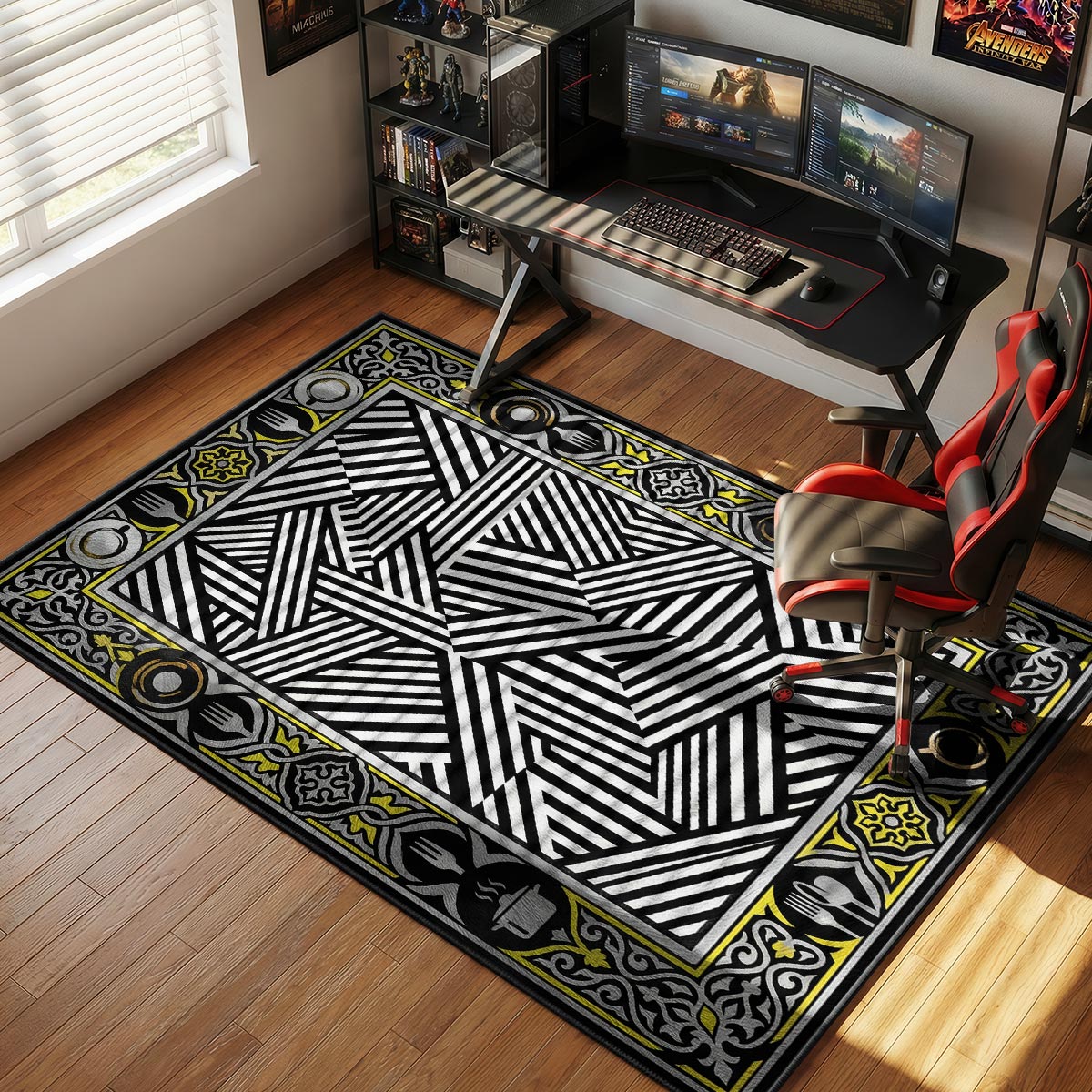 Op Art kitchen rug on polished concrete floor near a modern steel kitchen island