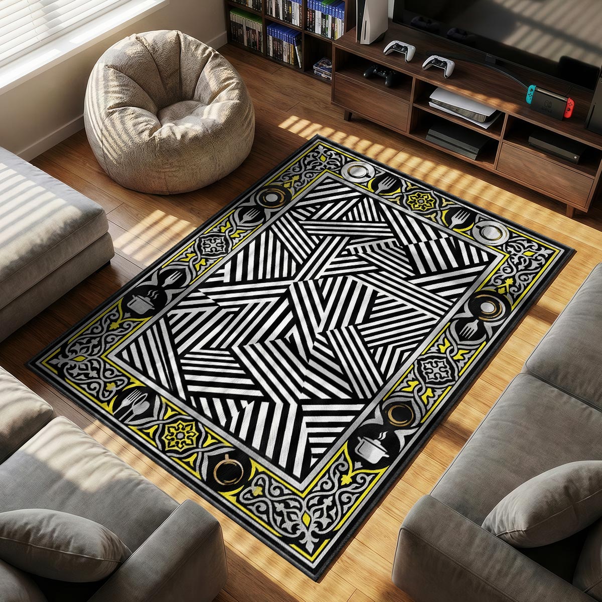 Close-up of Op Art mat showing stripe overlap optical illusion and gold scrollwork border detail