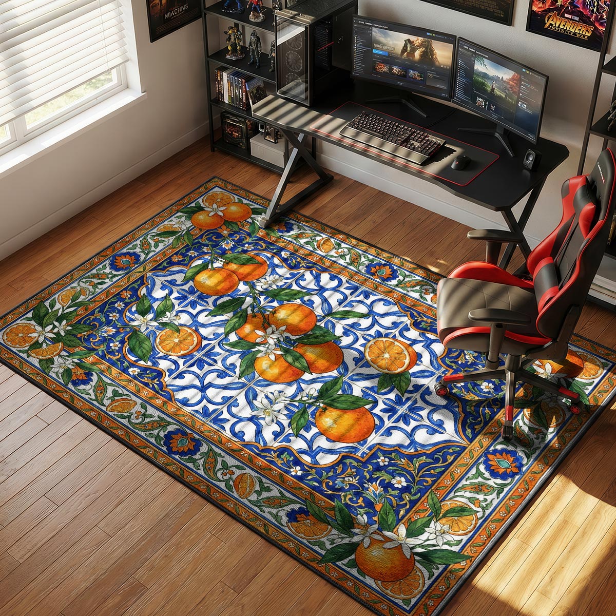 Orange blossom kitchen rug on white tile floor beside a ceramic juicer and Mediterranean pottery