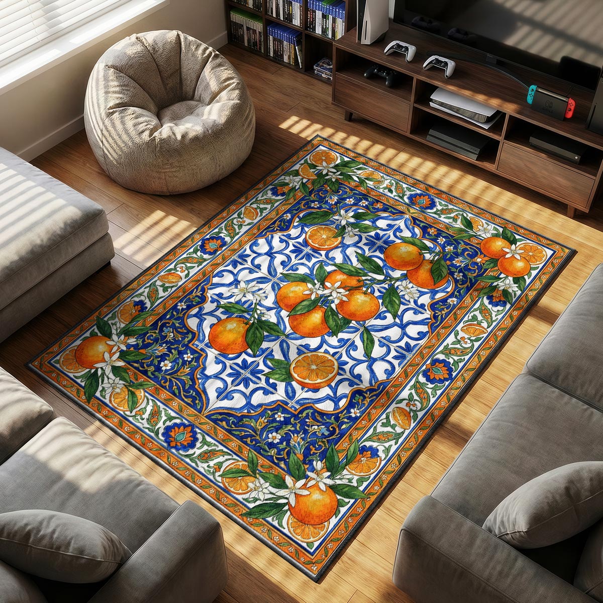 Close-up of orange mat showing citrus segment cross-section and white blossom detail on velvet