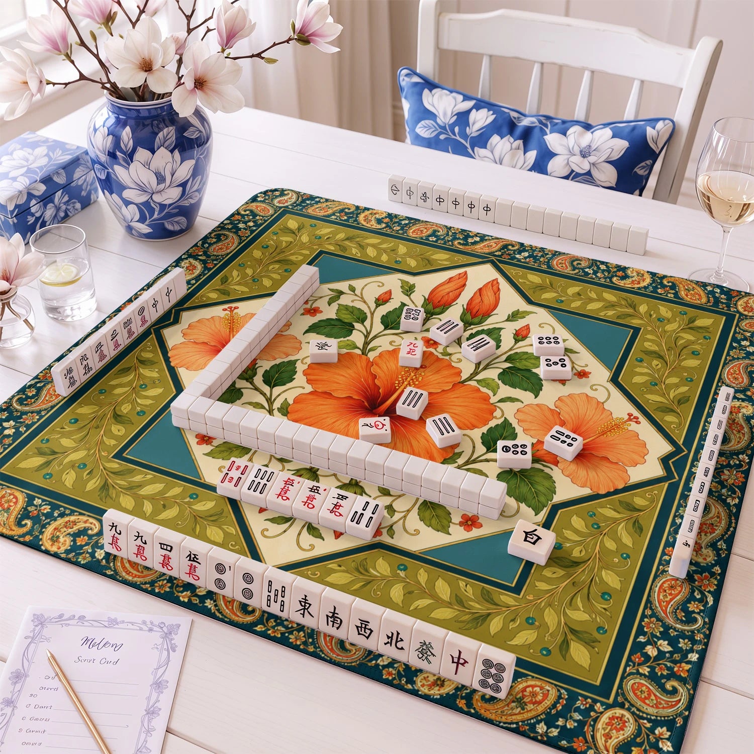 Orange Hibiscus mahjong mat – M (60x60 cm) and L (81x81 cm) sizes