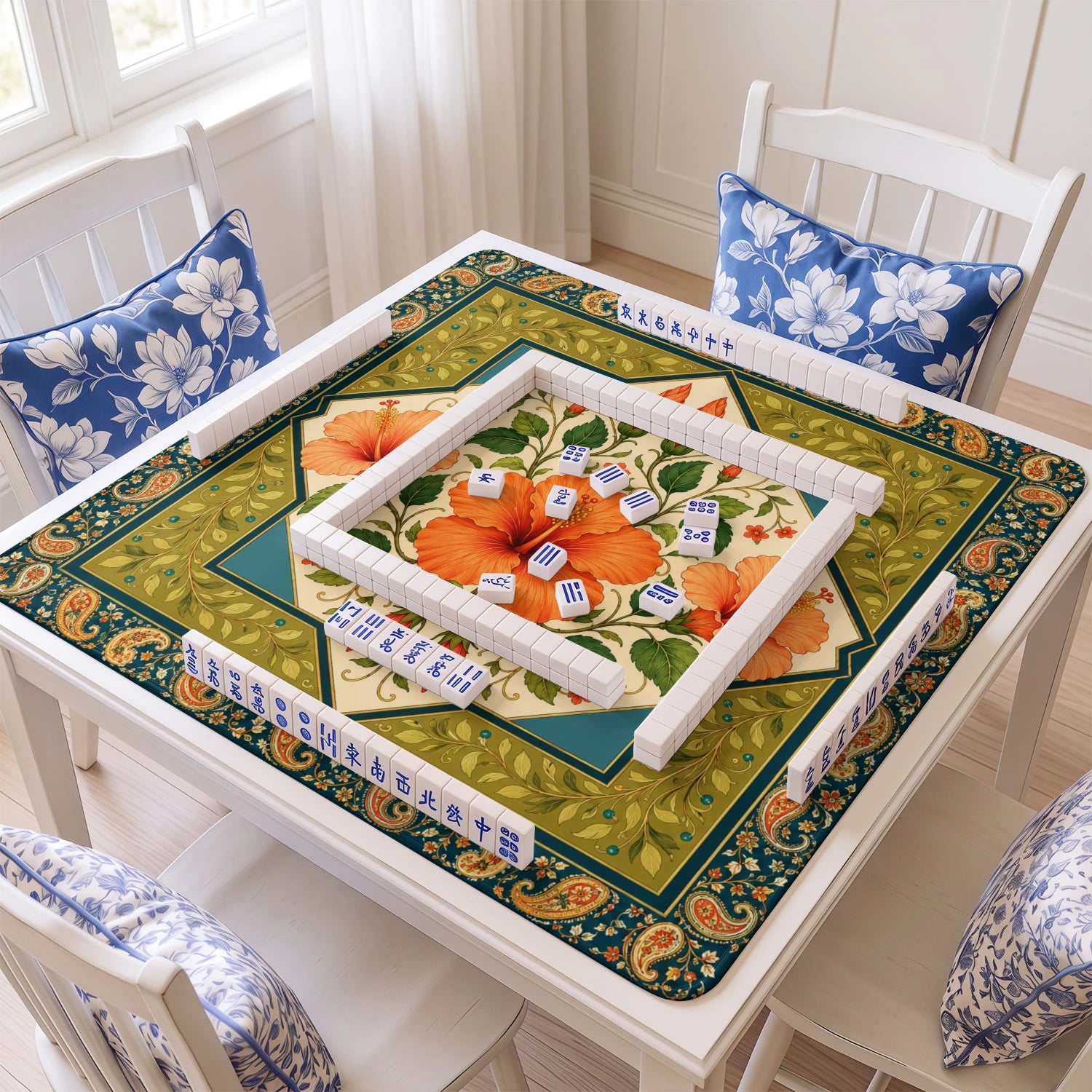 Orange Hibiscus mahjong mat with tiles and racks on the table