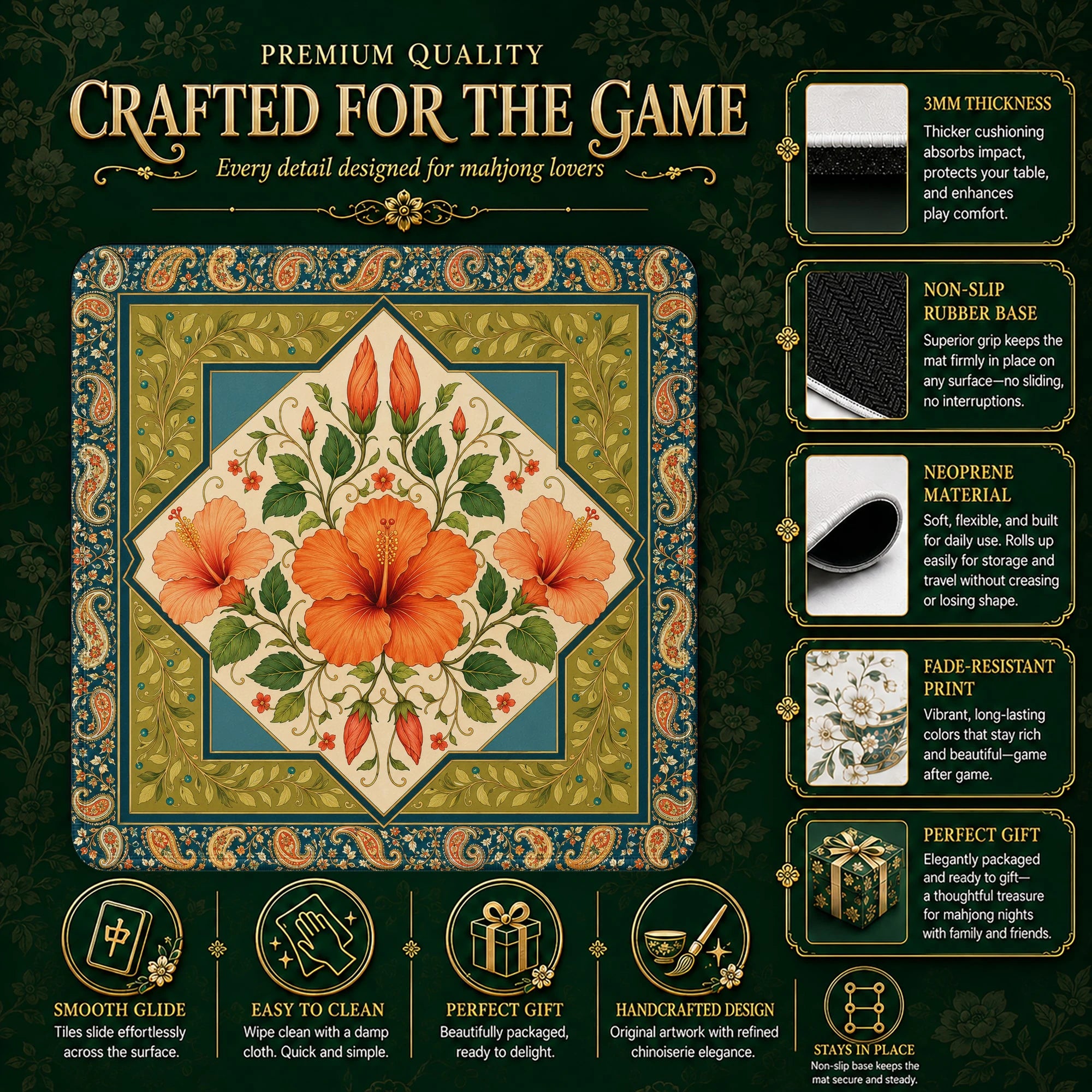 Orange Hibiscus Mahjong Mat – neoprene mah jongg table mat
