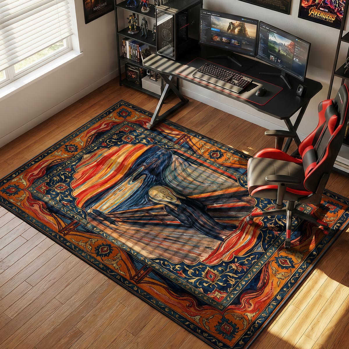 Orange scream rug placed in a creative studio with dark furniture and warm overhead lighting