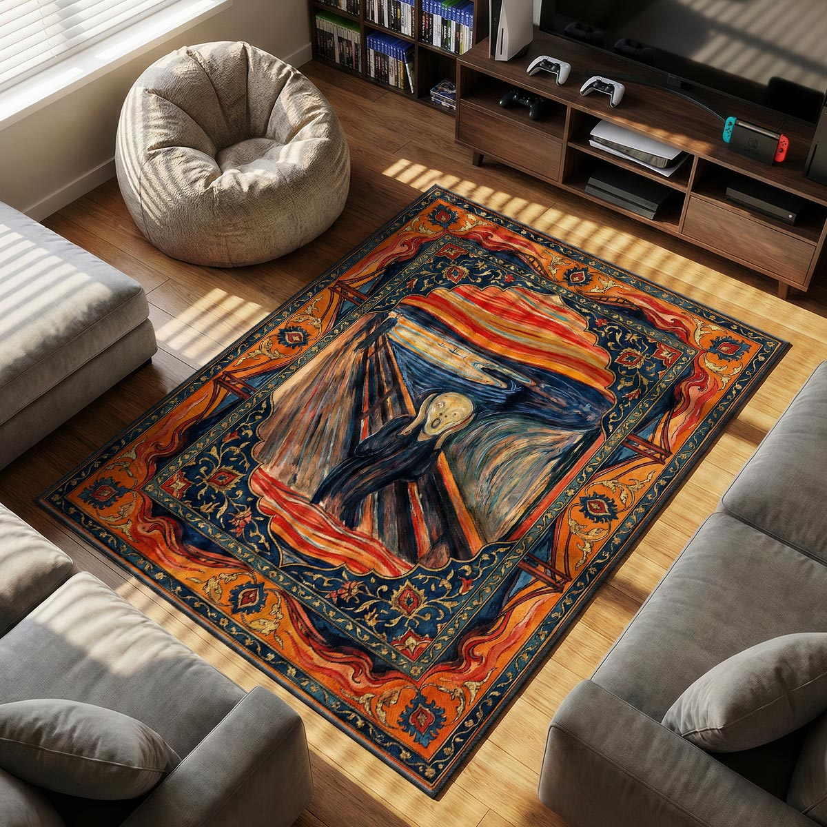 Close-up of orange scream rug showing flowing ribbon detail and bridge perspective on velvet surface