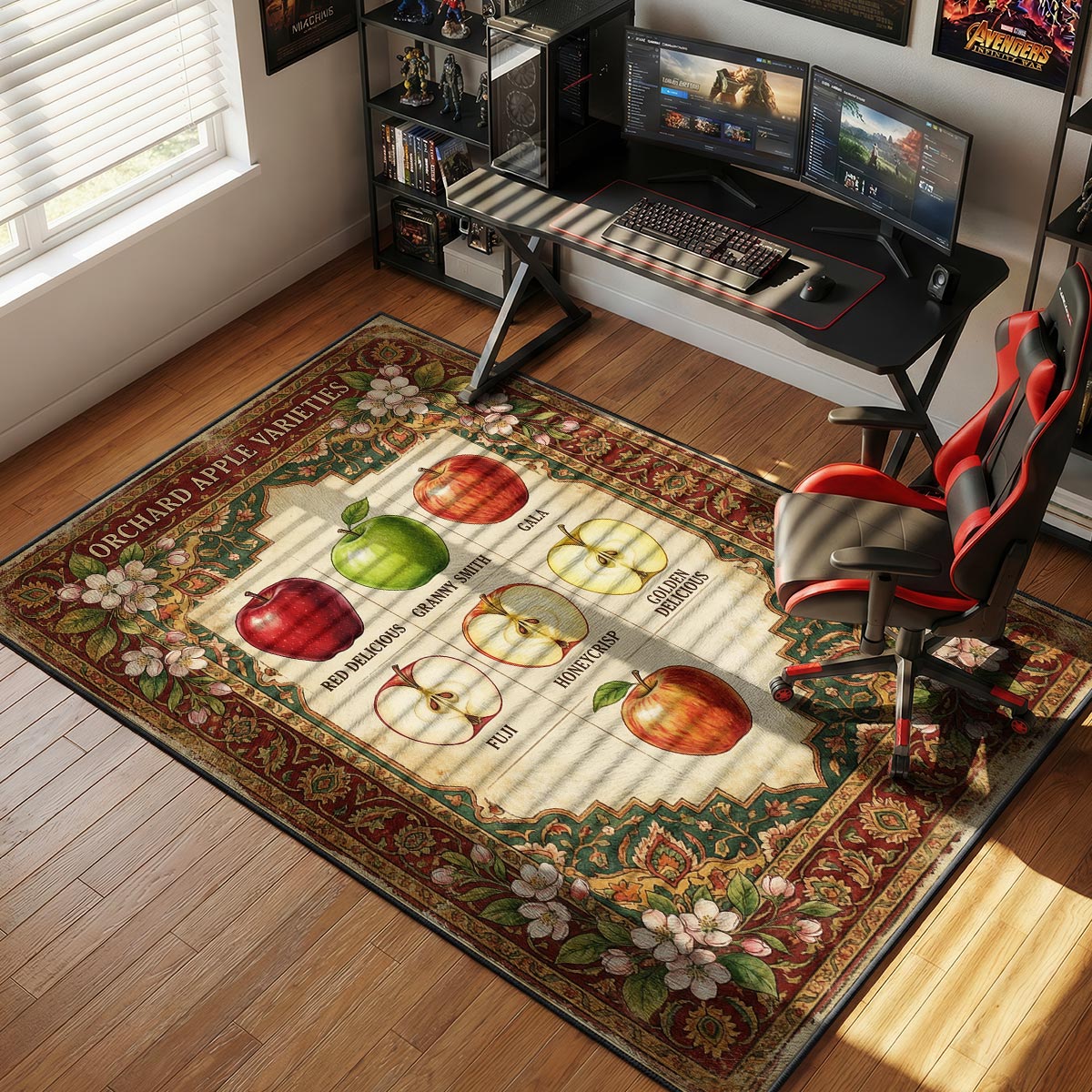 Apple varieties kitchen rug on cream tile floor near a wooden rolling pin and basket of apples