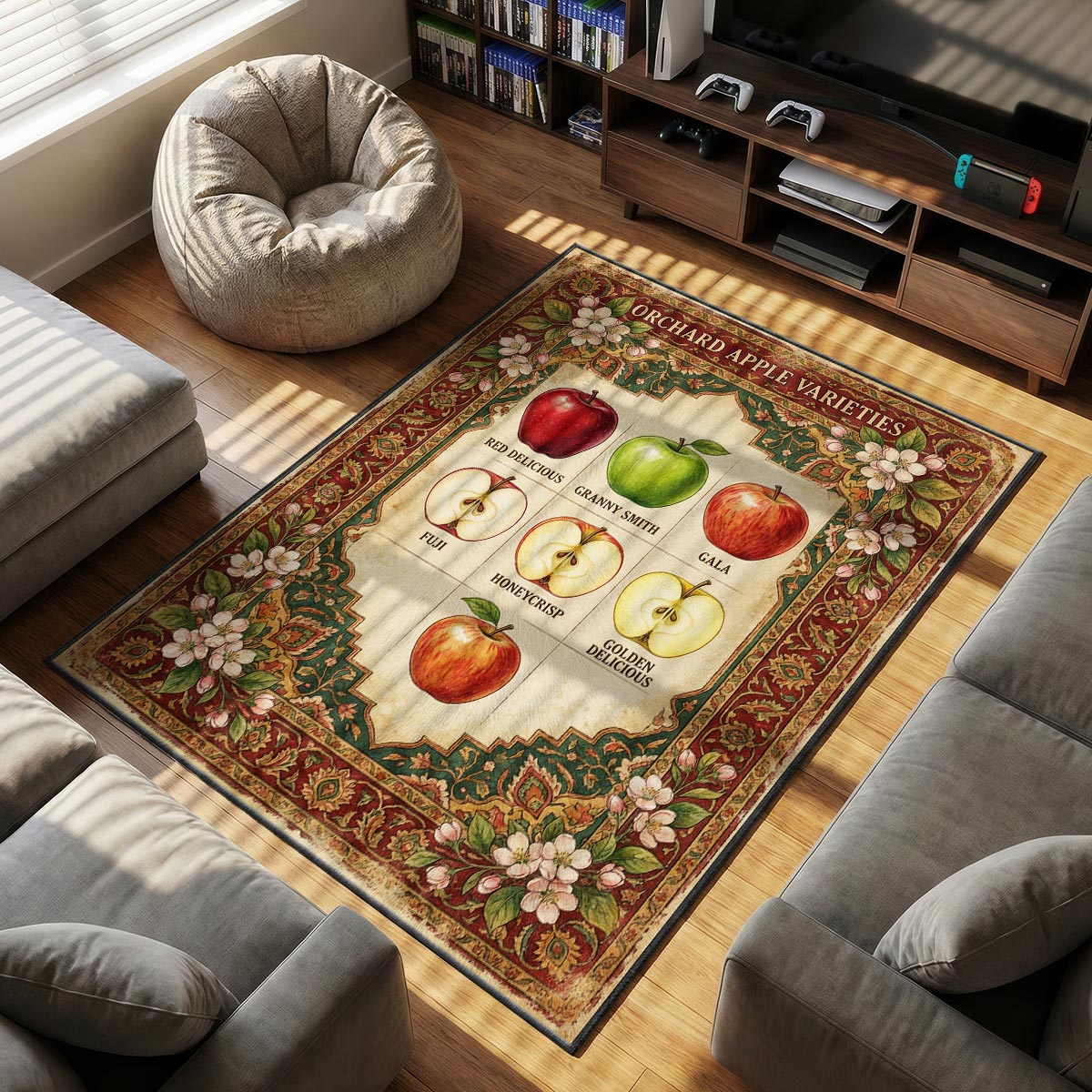 Close-up of apple varieties mat showing sliced Honeycrisp cross-section detail and plush texture