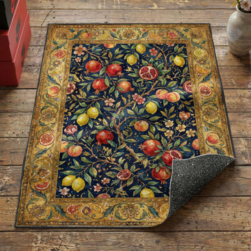 Orchard harvest fruit area rug with pomegranates lemons and peaches on navy ground and citrus border