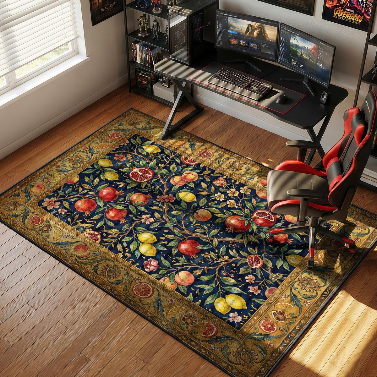 Fruit orchard rug placed in a kitchen with warm wood counters and copper pendant lighting