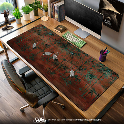 Oriental Crane Mouse Pad, Red Bamboo Artistic Desk Mat