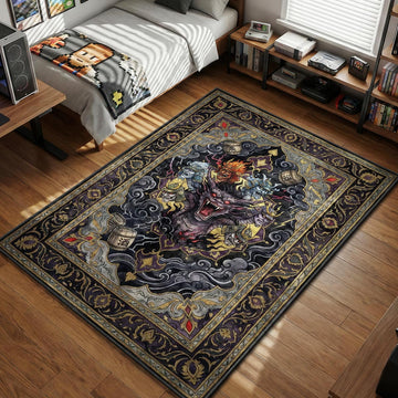 Yamata no Orochi eight-headed dragon surrounded by sake barrels and storm clouds in traditional Japanese dark ink style gaming area rug and floor mat