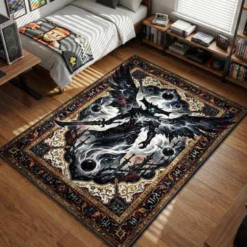 Oryx the Taken King wielding Willbreaker sword surrounded by taken blights and hive runes in dark fantasy style gaming area rug and floor mat