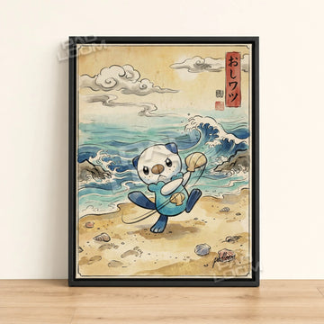 Oshawott Seashell Pokemon poster - framed canvas wall art in a black frame