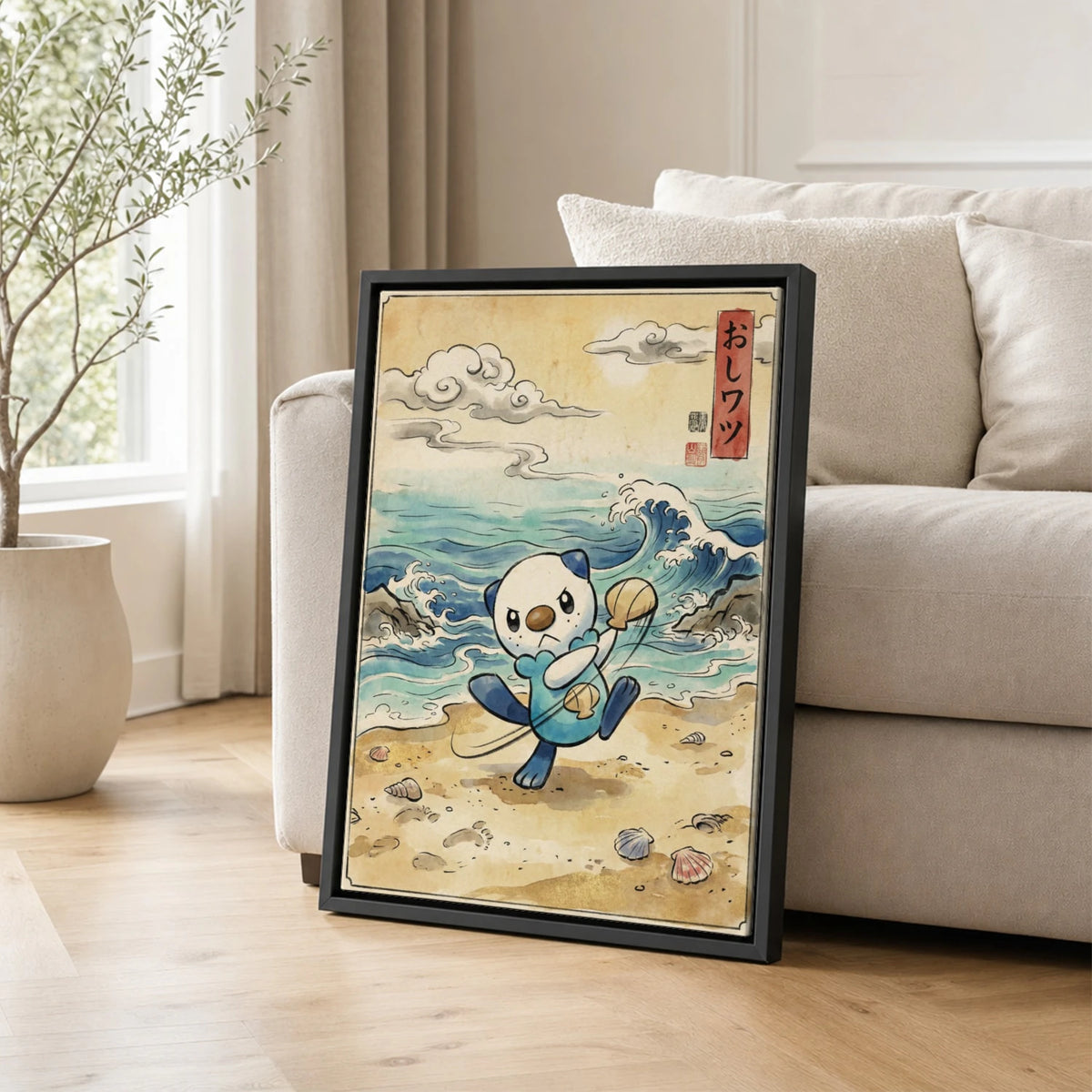 Oshawott Seashell Pokemon poster leaning beside a sofa - living room wall art