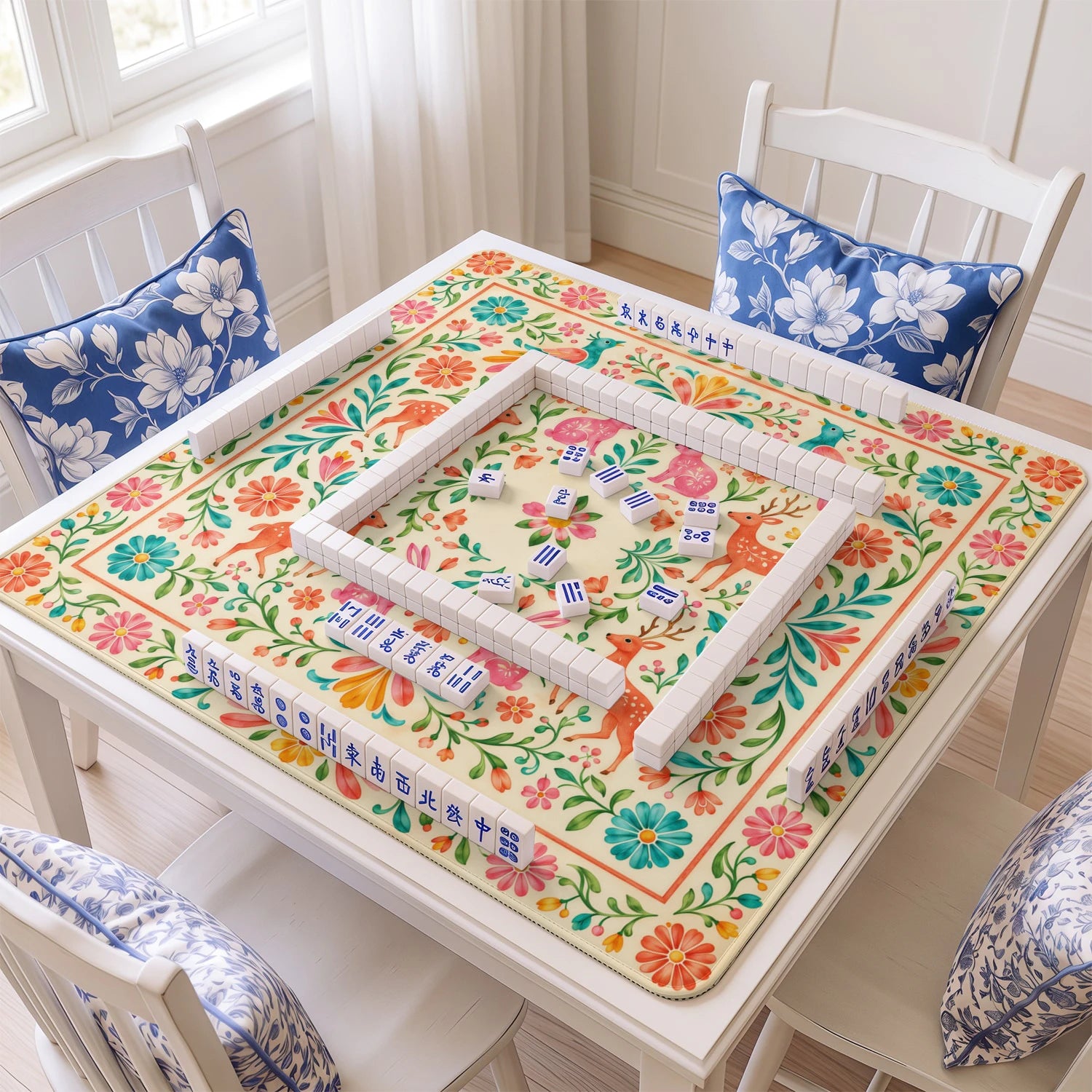 Otomi Meadow mahjong mat with tiles and racks on the table