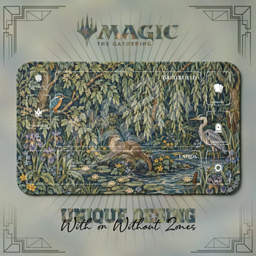 Otter Heron Riverbank MTG playmat, green and gray art with play zones, 24 x 14 in