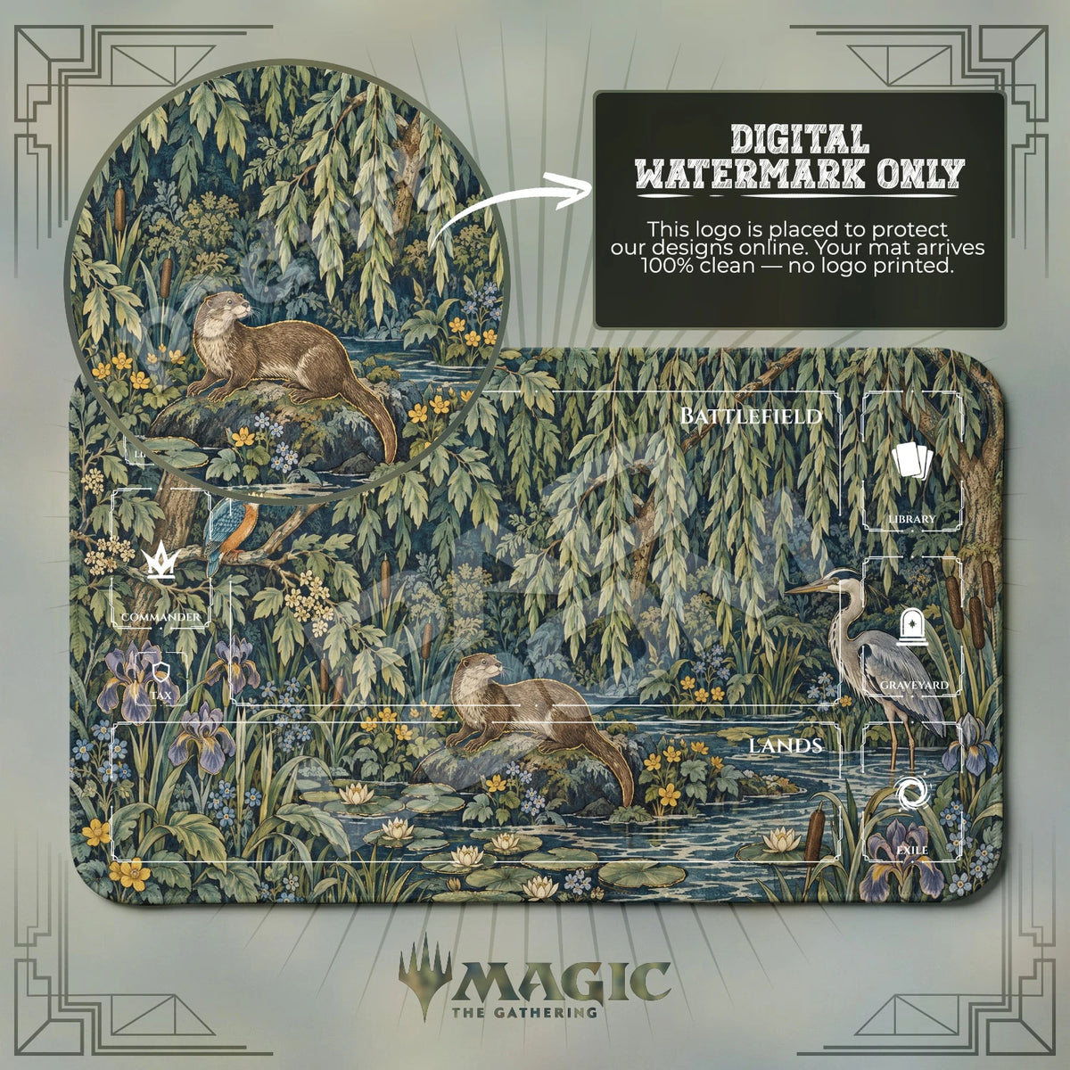 Otter Heron Riverbank MTG playmat with zones; the Padloom watermark is digital only, not printed