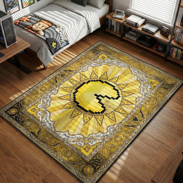 Golden Pac-Man sunburst portrait with pixel pizza rays Persian style gaming area rug and floor mat