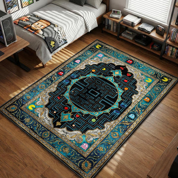 Pac-Man neon blue maze with high score text and pixel fruits gaming area rug and floor mat