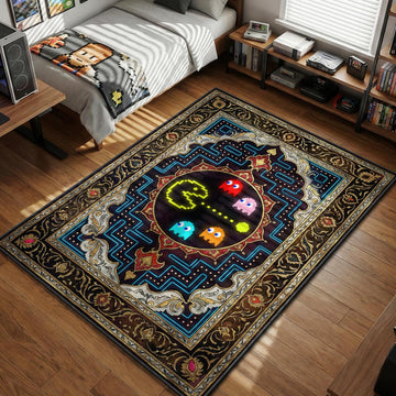 Pac-Man chasing ghosts in a neon maze with ornate Persian borders gaming area rug and floor mat