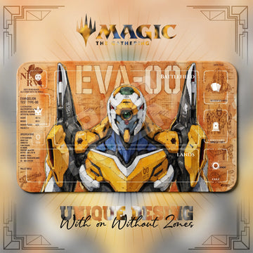 EVA-00 Prototype Evangelion MTG playmat, orange art with play zones, 24 x 14 in