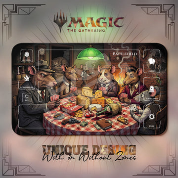 Mafia Rat Poker Trattoria MTG playmat, brown and orange art with play zones, 24 x 14 in