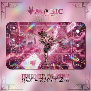 X-Men Gambit MTG playmat, pink art with play zones, 24 x 14 in