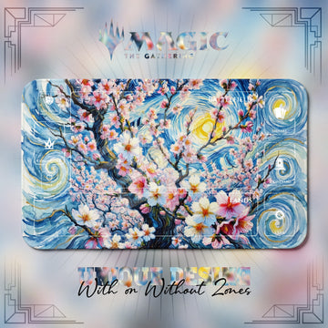 Starry Night Blossom MTG playmat, blue and gray art with play zones, 24 x 14 in