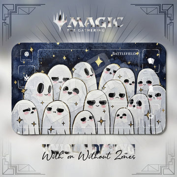 Ghost Gang Starry MTG playmat, white and black art with play zones, 24 x 14 in
