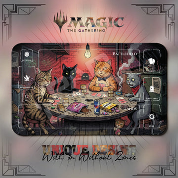 Alley Cat Poker Backstreet MTG playmat, red and gray art with play zones, 24 x 14 in