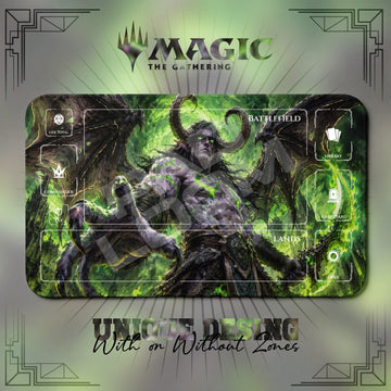 Illidan Demon World of Warcraft MTG playmat, green and gray art with play zones, 24 x 14 in