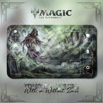 Reaper Graveyard MTG playmat, gray and green art with play zones, 24 x 14 in