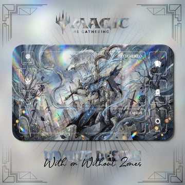 Dark Souls Artorias Sif MTG playmat, gray and blue art with play zones, 24 x 14 in