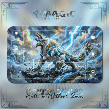 Monster Hunter Zinogre MTG playmat, blue and navy art with play zones, 24 x 14 in