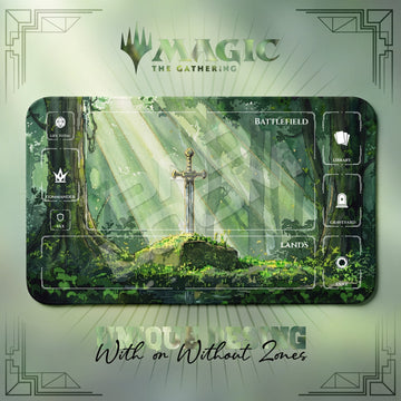 Sword in the Stone Forest MTG playmat, green art with play zones, 24 x 14 in