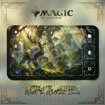 Forest Spirit Stag MTG playmat, yellow and green art with play zones, 24 x 14 in