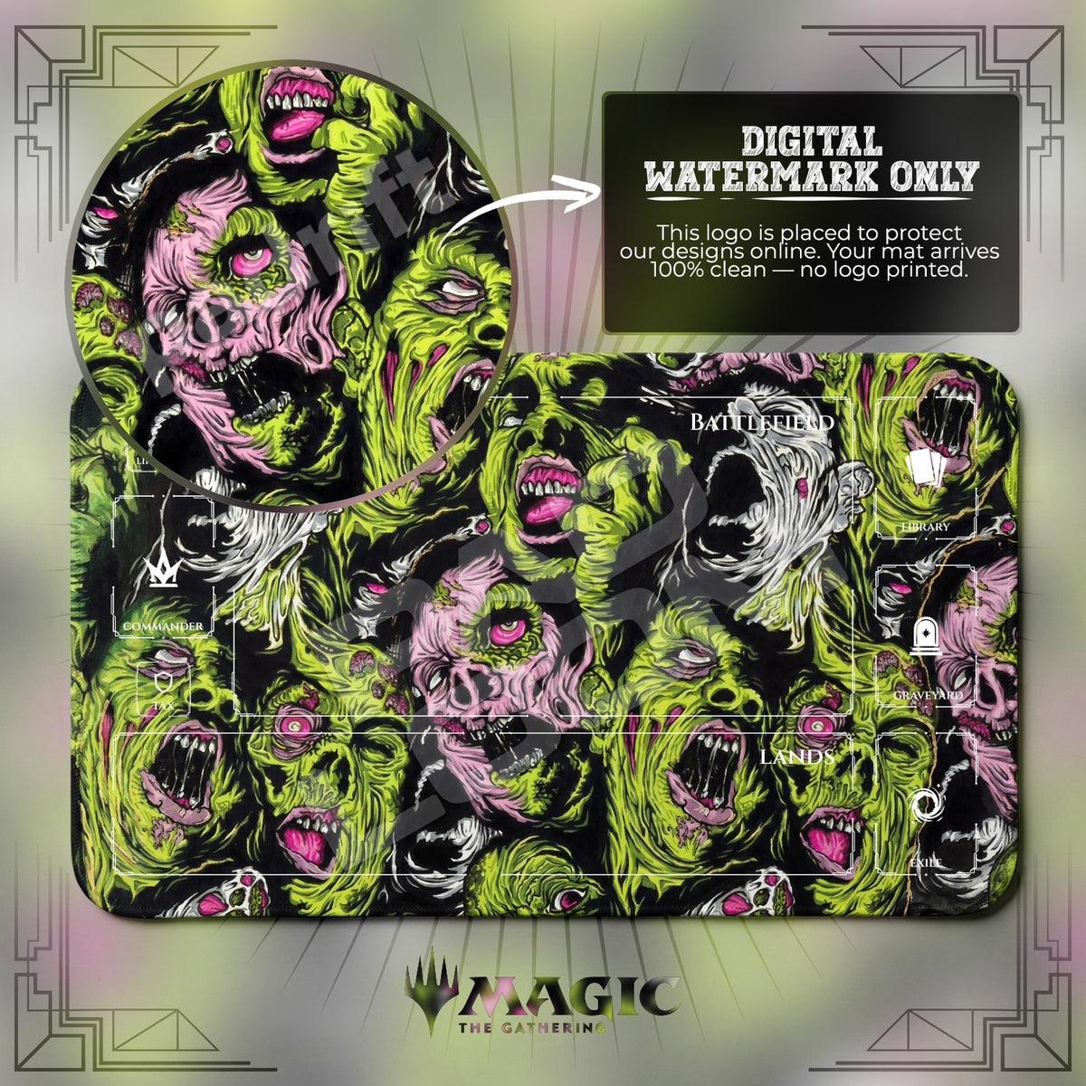Golgari Zombie MTG playmat with zones; the Padloom watermark is digital only, not printed