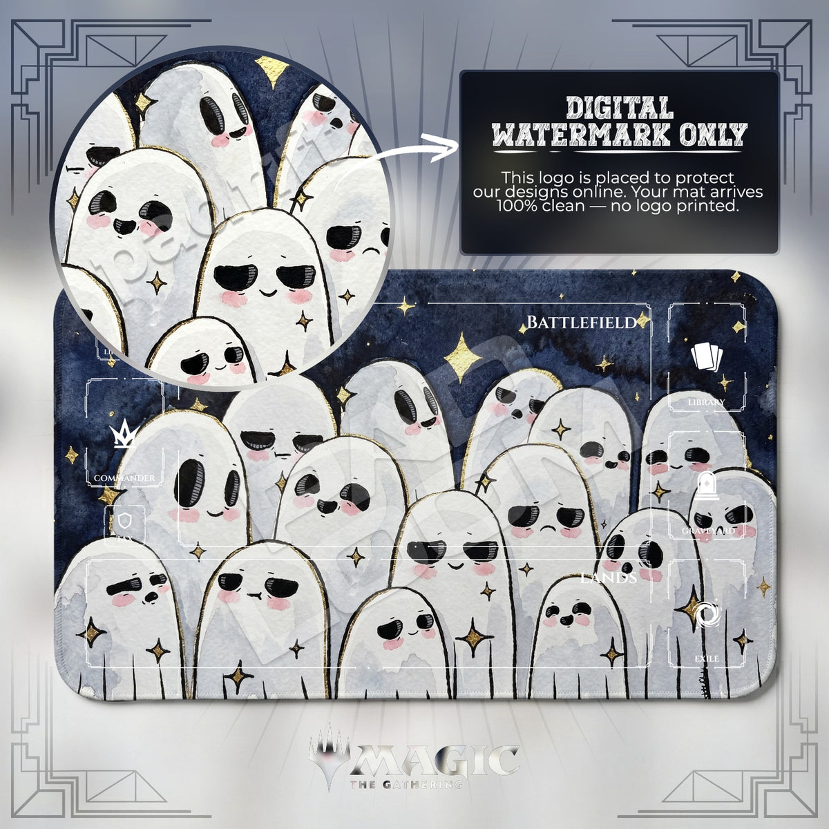 Ghost Gang Starry MTG playmat with zones; the Padloom watermark is digital only, not printed