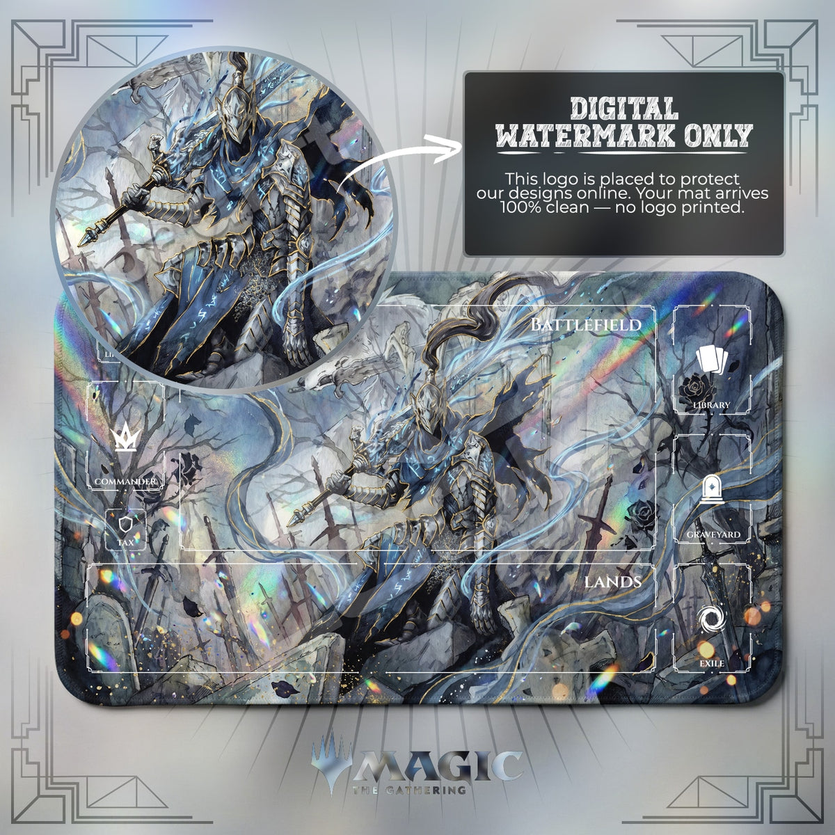 Dark Souls Artorias Sif MTG playmat with zones; the Padloom watermark is digital only, not printed